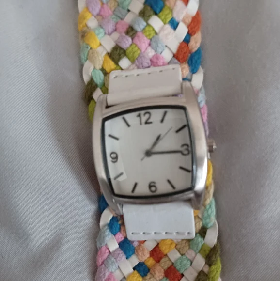 Stainless Steel silver white leather colorful woven fabric band watch timepiece - Picture 4 of 7